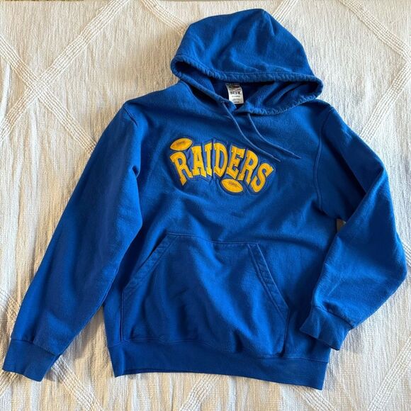 Ultra Rare Vintage 90s Raiders Hoodie Fruit of the Loom BEST Tag Blue Yellow Med - Picture 1 of 14